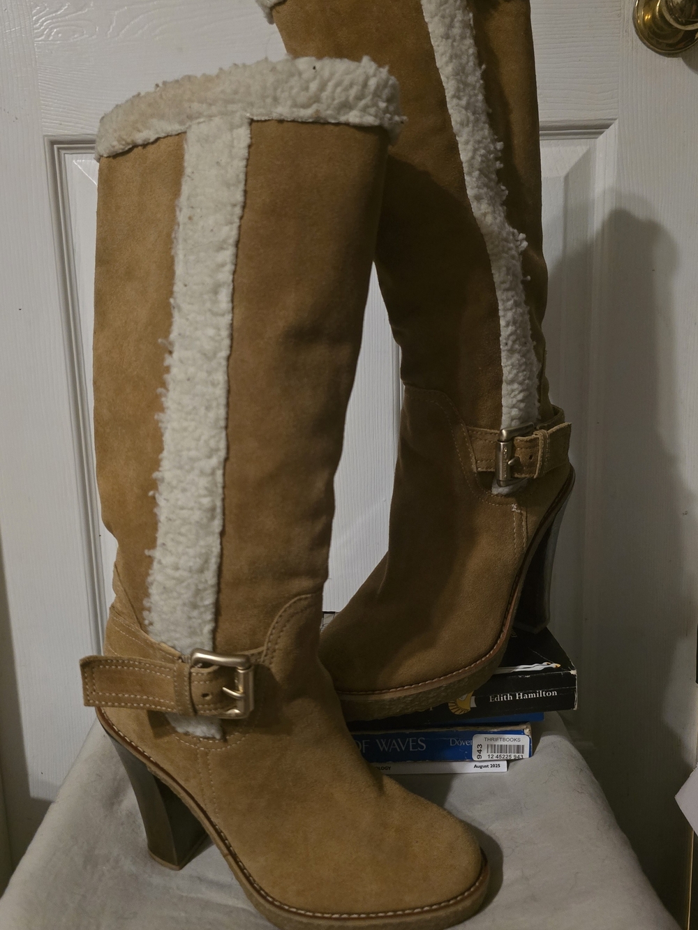 Michael Kors Tan Suede Shearling Platform High Heel Tall Boots